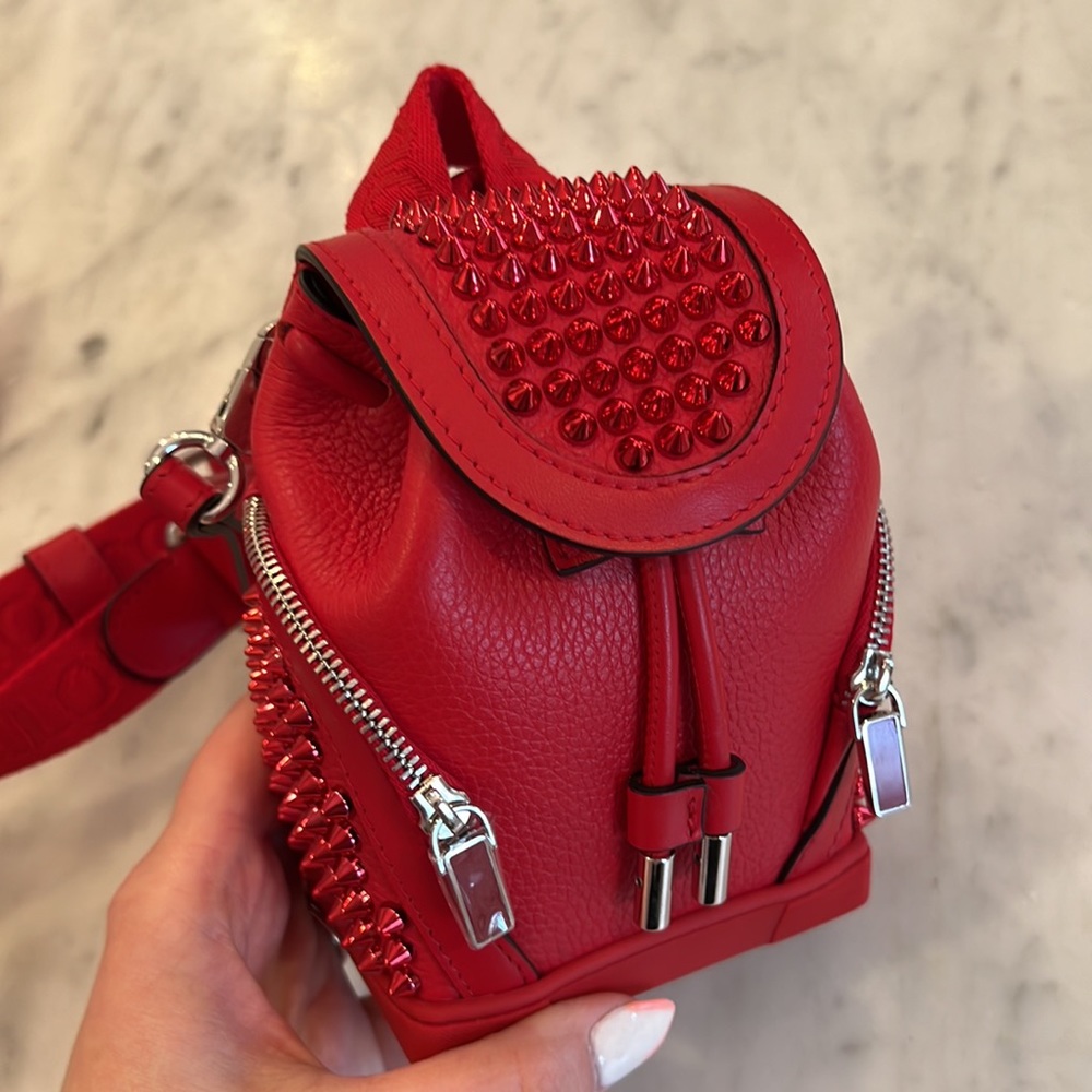 LOUBOUTIN Explorafunk mini backpack keychain bag red studs
